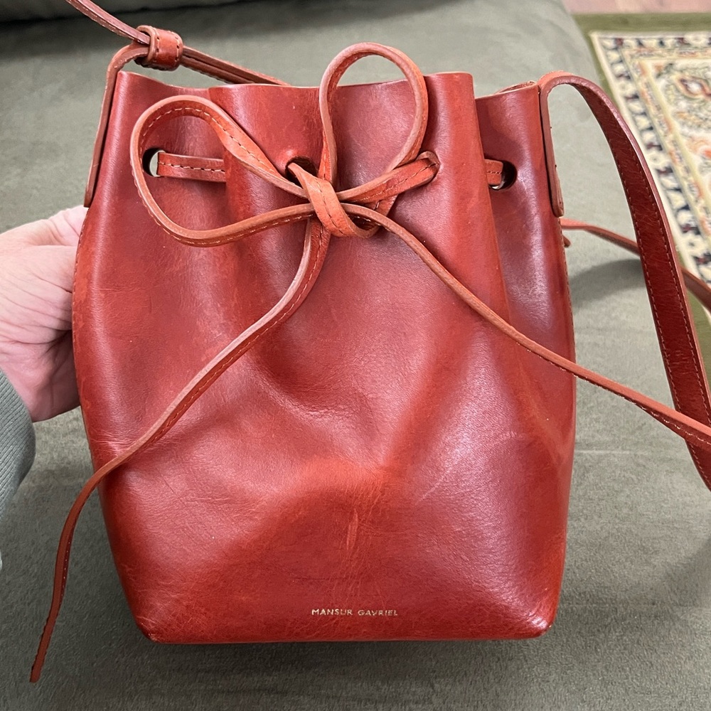 Mansur Gavriel mini leather drawstring crossbody bucket bag